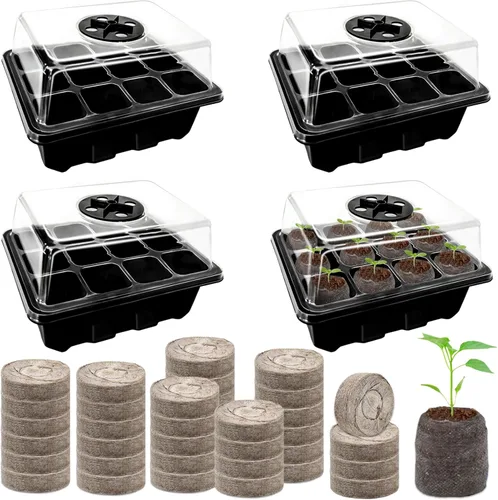Halatool Paquete de 4 bandejas de inicio de semillas con 50 pellets de turba, 48 celdas de color negro, bandejas de inicio de semillas para semillas