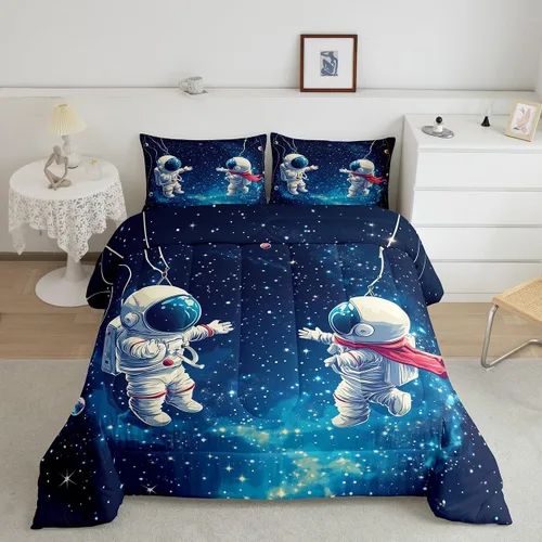 Miniatura 13 de Manfei Juego de edredón de astronauta de dibujos animados, tamaño individual, juego de ropa de cama colorido de cielo estrellado galaxia para niños