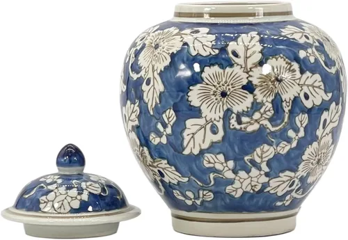 Miniatura 4 de Galt International Tarro de jengibre chinoiserie de flores azules y blancas de 10 pulgadas con tapa, tarro de jengibre, almacenamiento de té