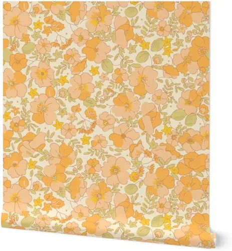 Papel tapiz para despegar y pegar, diseño floral vintage de los años 70, flores amarillas melocotón, papel tapiz extraíble personalizado Spoonflower