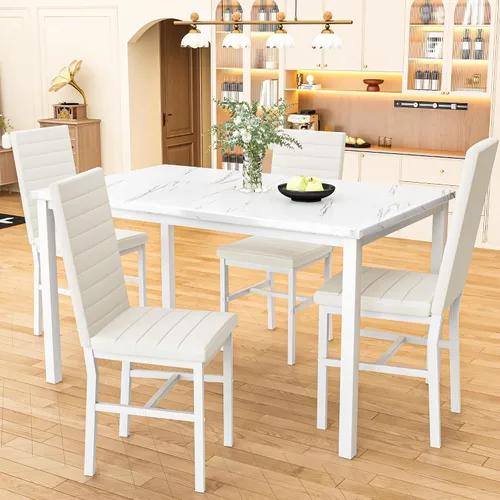 Miniatura 4 de Juego de mesa de comedor Hooseng para 4, juego de mesa de cena de 5 piezas con mármol sintético y 4 sillas tapizadas de cuero PU, juego de mesa