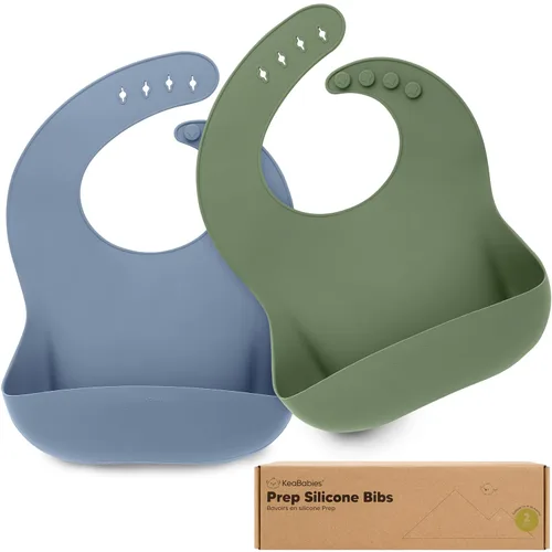 KeaBabies Paquete de 2 baberos de silicona para bebés, niñas y niños, baberos resistentes de grado alimenticio para comer, atrapa alimentos grandes,
