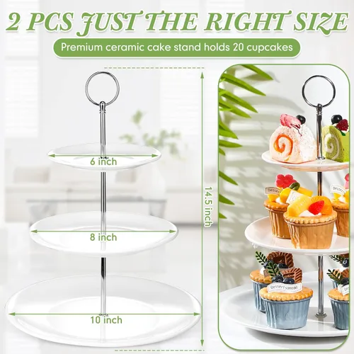 Miniatura 2 de Tatuo 2 soportes de porcelana de 3 niveles para cupcakes, torre para tartas, pastelería para servir postres, soporte escalonado de cerámica blanca