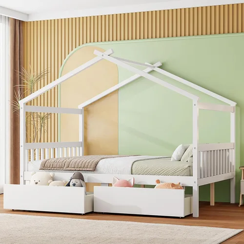 Miniatura 15 de Bellemave Cama Casa Tamaño Twin con 2 Cajones de Almacenamiento Cama Casa Montessori de Madera para Niños Marco de Cama de Madera Casa de Juegos Gris