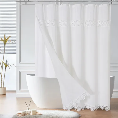 Miniatura 8 de Gibelle Juego de Cortina de Ducha Boho Farmhouse, Cortina de Ducha de Tela de Algodón y Lino con Decoración de Encaje Macramé, Cortina de Baño Beige