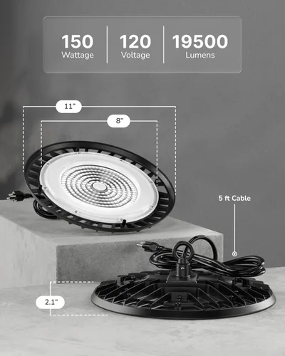 Miniatura 6 de Sunco - Paquete de 10 luces LED UFO de alta bahía, 150 W, 19500 lúmenes, 5000 K, luces comerciales ultra brillantes para almacén, fábrica, taller