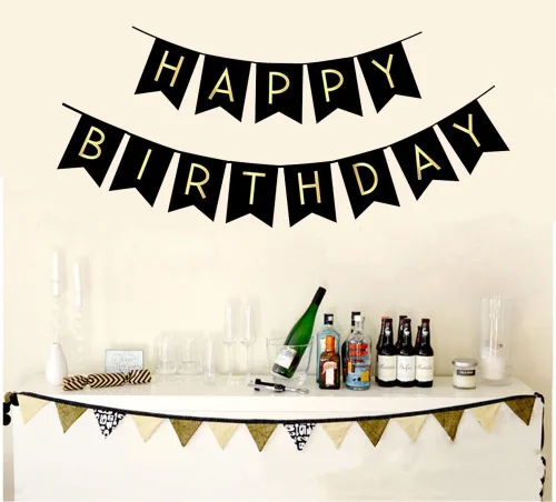 Miniatura 2 de Fecedy, Banderín y Cartel de Feliz Cumpleaños, Negro con Letras Doradas y Brillantes, Suministros para Fiestas.