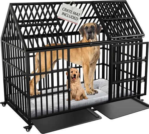 Jaula resistente para perros de 54 pulgadas con alfombrilla XL, jaula grande para mascotas, perrera con techo superior, 2 puertas, bandejas