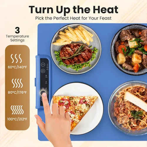 Miniatura 2 de Tapete de calentamiento extra grande para alimentos con apagado automático, bloqueo para niños, portátil, plegable, bandeja de calentamiento Azul