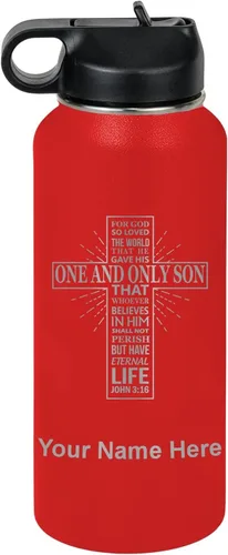 Miniatura 30 de LaserGram Botella de agua personalizada, versículo bíblico John 3-16, acero inoxidable de doble pared aislada al vacío con popote superior, regalo