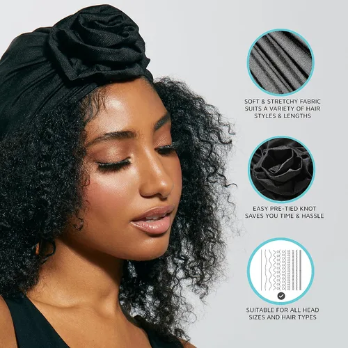 Miniatura 4 de KISS COLORS & CARE Turbante preatado con nudo superior, negro, elegante, elástico y suave para dormir, máxima protección del cabello, minimiza