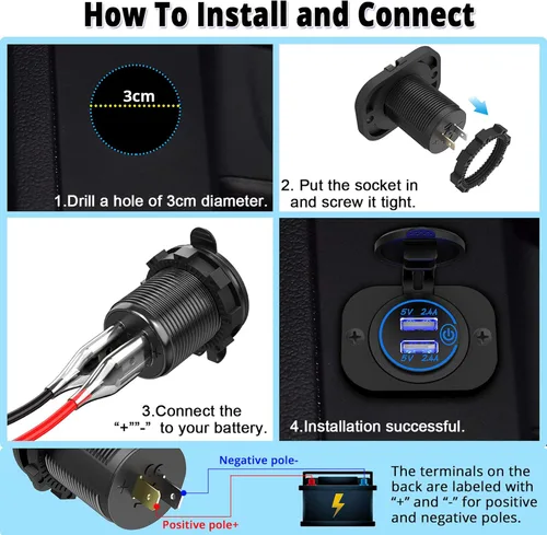 Miniatura 6 de Toma USB Doble de 12V Salida Marina con Interruptor Puerto USB para Carrito de Golf Montaje de Cargador de Coche de 12 Voltios DC Adaptador