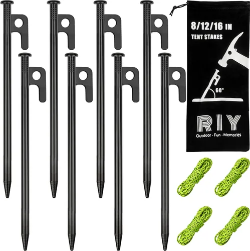 Paquete de 8 estacas de metal resistentes para tienda de campaña para camping, estacas de acero de 8 pulgadas, irrompibles e inflexibles