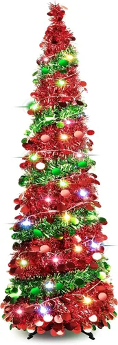 Árbol de Navidad plegable de lentejuelas de 5 pies con 90 luces LED, árbol de Navidad de oropel delgado con soporte para apartamentos Rojo y verde