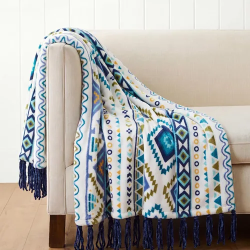 CASAAGUSTO Manta bohemia – Manta decorativa azul y blanca con borla, manta bohemia de franela impresa para silla, cama, sofá (50 x 60 pulgadas, azul