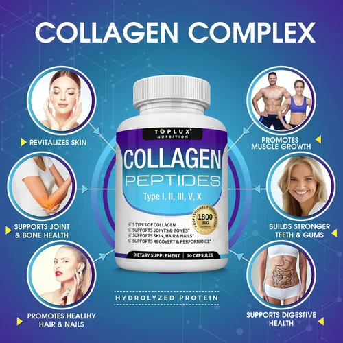 Miniatura 4 de Toplux Complejo de péptidos de colágeno múltiple de 1800 mg - Complejo tipo I, II, III, V, X Complejo de colágeno premium para una mejor piel y One