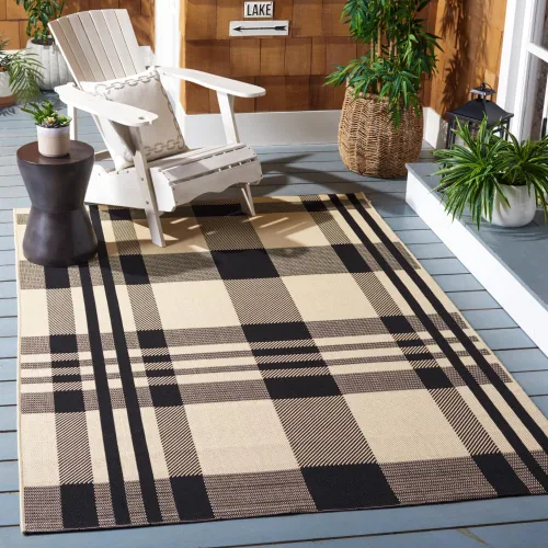 Miniatura 91 de SAFAVIEH Alfombra Lavable para Exteriores Colección Courtyard - 2'3" x 4', Beige y Azul, Patrón a Cuadros, No Desprende Pelusa y Fácil Limpieza