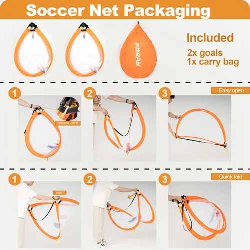 Miniatura 9 de Porayhut Red de fútbol de apertura rápida para niños, juego de 2 estacas portátiles 210D Oxford extra para diversión en el patio trasero