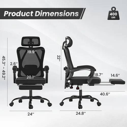 Miniatura 2 de Farini Silla de oficina con reposapiés, silla de oficina ergonómica de malla con reposacabezas, silla de escritorio de respaldo alto con soporte