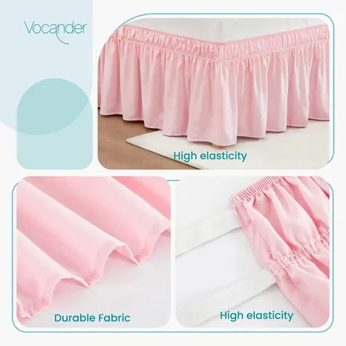 Miniatura 6 de Vocander Falda de Cama Rosa Tamaño Individual con Caída de 14 Pulgadas, Falda de Cama Elástica con Volantes Antipolvo, Fácil de Colocar, Faldas
