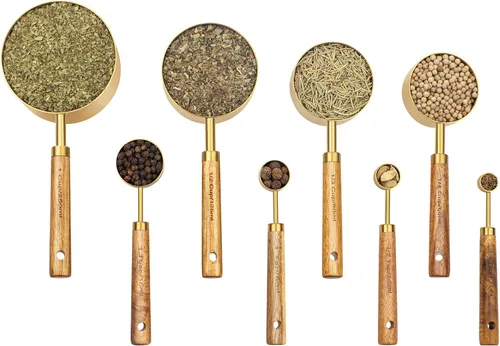 Juego de tazas y cucharas medidoras Muchtolove de 8, taza medidora de acero inoxidable dorada con mango de madera, para Dorado