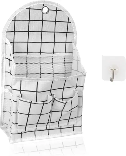 Miniatura 9 de FuninCrea Bolsa de almacenamiento para colgar en la pared, organizador de lino a cuadros blanco y negro, para montar en la pared, sin perforaciones