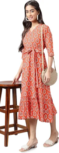 Miniatura 4 de Janasya Vestido con volantes estampado de motivos étnicos de algodón naranja para mujer india