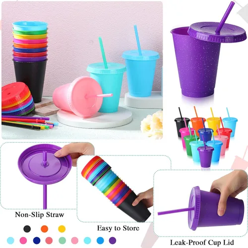 Miniatura 6 de Potchen Vaso reutilizable con purpurina con pajitas y tapas, vaso de plástico con tapas y popotes a granel, botella de agua, café helado, bebida