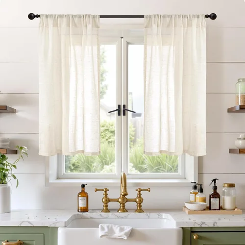 Miniatura 56 de BGment Cortinas de lino café de 30 pulgadas de largo para ventana pequeña, cortinas de media ventana beige semitransparentes ligeras con bolsillo