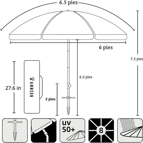 Miniatura 5 de AMMSUN - Sombrilla de playa portátil de 6.5 pies, plegable dos veces, con ancla de arena, poste inclinable a prueba de viento, ventilación de aire