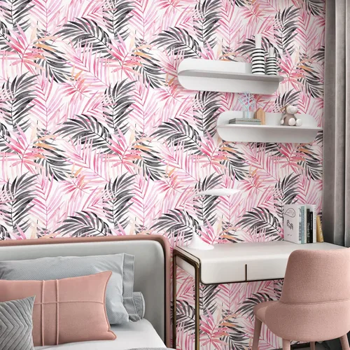 Miniatura 3 de Papel tapiz de hojas bohemias para despegar y pegar, papel de contacto extraíble de palmera rosa y negra para armarios, papel tapiz floral tropical