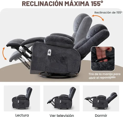 Miniatura 4 de Silla reclinable giratoria para adultos, reclinable de gran tamaño con masaje y calor lumbar, mecedora con bolsillo lateral, 2 portavasos para sala