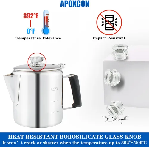 Miniatura 5 de Cafetera Percoladora Multiuso de Acero Inoxidable para Estufa con Dos Perillas de Vidrio Borosilicato Resistente Mango de Sílice Cafetera
