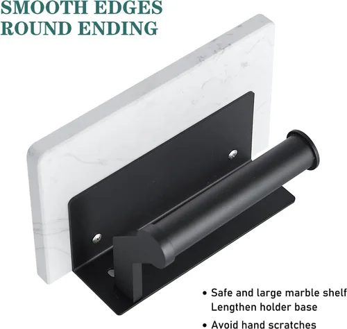 Miniatura 6 de Soporte de papel higiénico de aluminio negro mate Hoimpro con estante de mármol natural blanco, soporte de almacenamiento de rollo de papel de mano