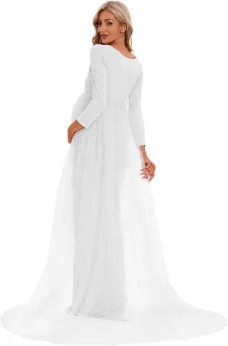 Miniatura 5 de ZIUMUDY Vestido de maternidad de tul con hombros descubiertos para sesión de fotos, vestido ajustado de manga larga para baby shower