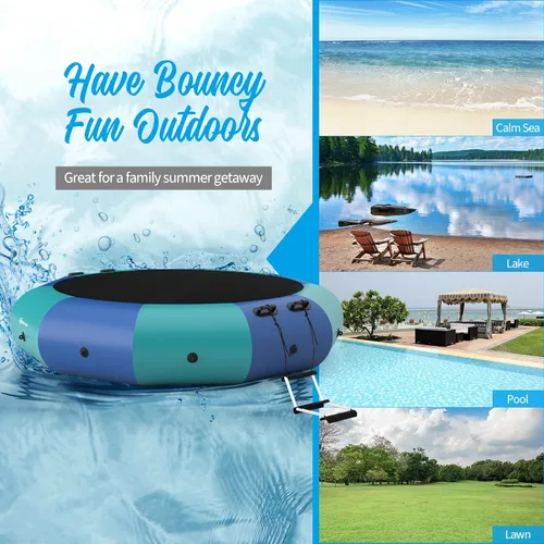 Miniatura 9 de Goplus - Trampolín inflable de agua de 10 pies, 12 pies, 15 pies, rebotador acuático recreativo con inflador eléctrico, escalera de cuerda, cuerdas