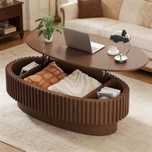 Miniatura 10 de Mesa de centro redonda con almacenamiento, mesas de centro de madera acanalada modernas con base resistente, mesa de té central circular de tambor