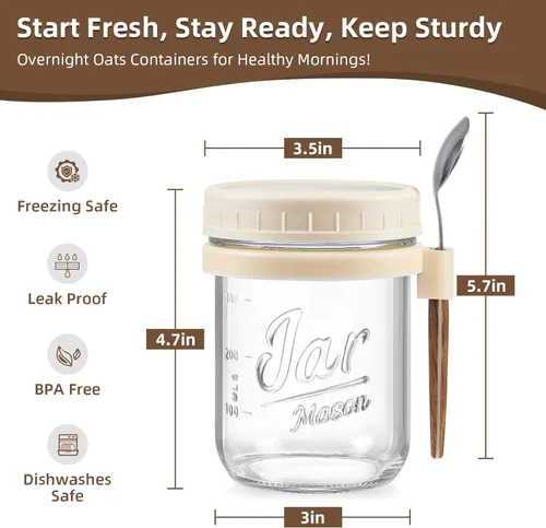 Miniatura 2 de LANDNEOO Paquete de 4 Recipientes para Avena Nocturna con Tapas y Cucharas, Frascos de Vidrio Mason de 16 oz con Tapas Herméticas, Frascos para Beige