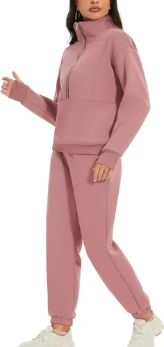 Miniatura 6 de PEHMEA Conjunto deportivo de 2 piezas de otoño para mujer, con forro polar, holgado, manga larga, media cremallera, cómodo conjunto de descanso
