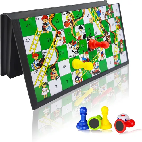 KIDAMI Mini juego de mesa magnético de serpientes y escaleras, diseño portátil plegable y ligero, juego de viaje regalo para niños pequeños (7.64 x