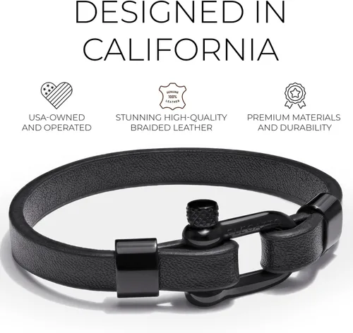 Miniatura 2 de Elegatto Morelle Pulsera de cuero premium para hombre Piel de grano entero color negro con cierre de grillete de acero inoxidable pulido
