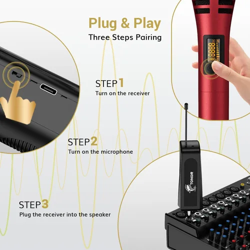 Miniatura 6 de TONOR Micrófonos inalámbricos, sistema de micrófono de karaoke UHF dual, Microfonos Inalambricos con receptor recargable, juego de micrófonos