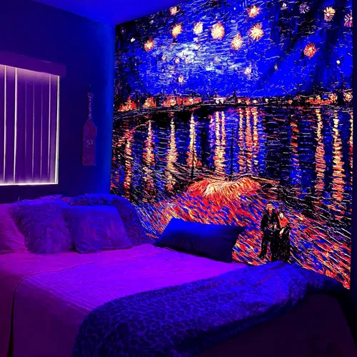 Miniatura 9 de PSYHILAR Van Gogh Tapiz UV Luz Negra para Dormitorio, Telón de Fondo Noche Estrellada Pósteres de Luz Negra para Adultos y Adolescentes