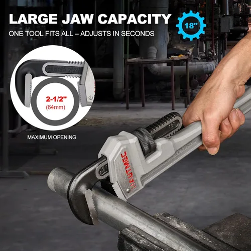 Miniatura 5 de HAUTMEC Llave de tubo recta de aluminio de 18 pulgadas, llave de fontanería ajustable resistente, capacidad de mandíbula de 2-1/2", para tuberías