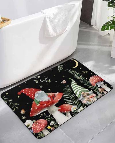 Tapete de baño antideslizante de gnomos de hongos, tapete de baño, alfombra de pasillo de baño, de secado rápido y absorbente, de tierra de