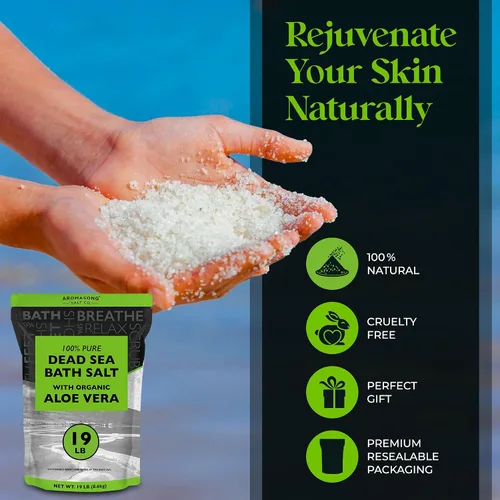 Miniatura 5 de Aromasong Sal orgánica del mar muerto de aloe vera de 19 libras + baño de recuperación muscular paquete de 3 libras – Hidratación calmante