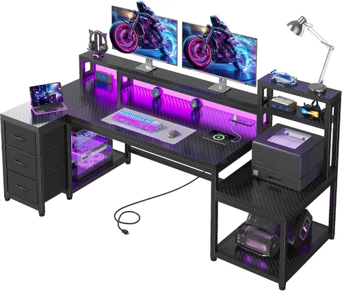 Escritorio para juegos en forma de L de 71 pulgadas con 3 cajones y estante superior, escritorio para computadora con soporte para monitor y toma de