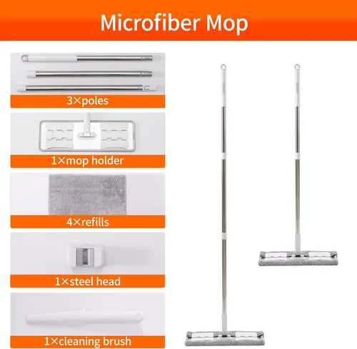 Miniatura 5 de Trapeador húmedo de microfibra de 360° para limpieza de suelos; 4 almohadillas de microfibra reutilizables resistentes; altura ajustable