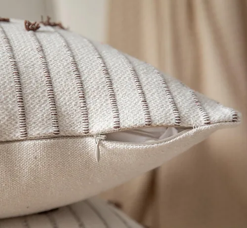 Miniatura 5 de Caflife Fundas de almohada boho de 18 x 18 pulgadas, juego de 2 almohadas decorativas para cama, fundas de almohada beige con línea negra para sofá