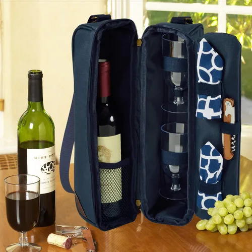 Miniatura 4 de Picnic at Ascot Bolsa de vino aislada con 2 copas de vino, servilletas y sacacorchos, diseñada y montada en los Estados Unidos Azul enrejado